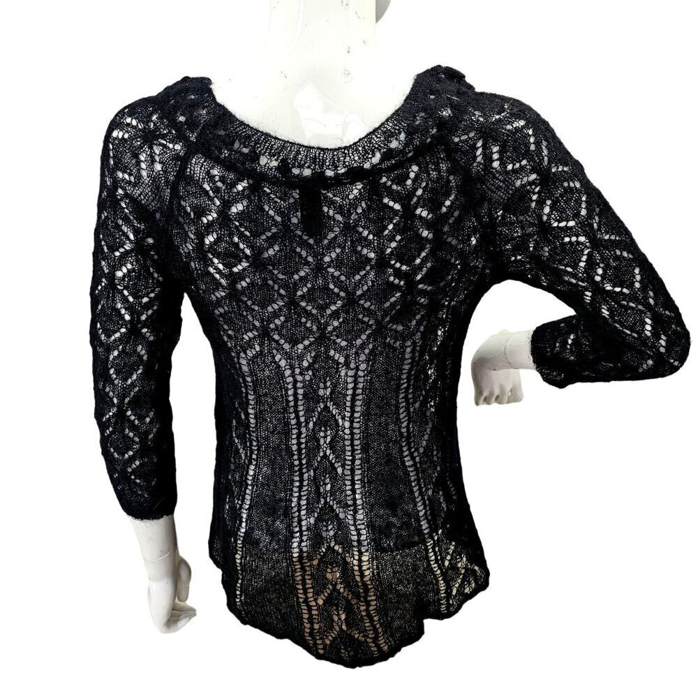 Lucky Brand Open Knit Wool Sweater Lightweight Boat Neck Jumper Women XS/S Black